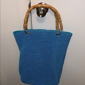 Maggie Barnes blue with bamboo handles purse